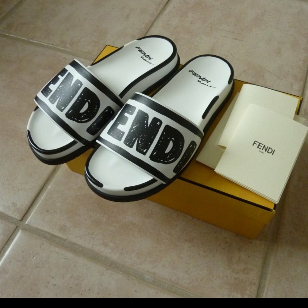 Joshua Vides X FENDI Logo Text Leather Pool Slide Sandals (6.5)